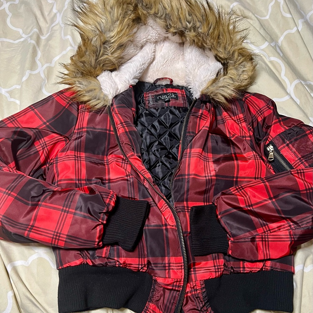 Rue21 Black and Red Plaid Quilted Jacket